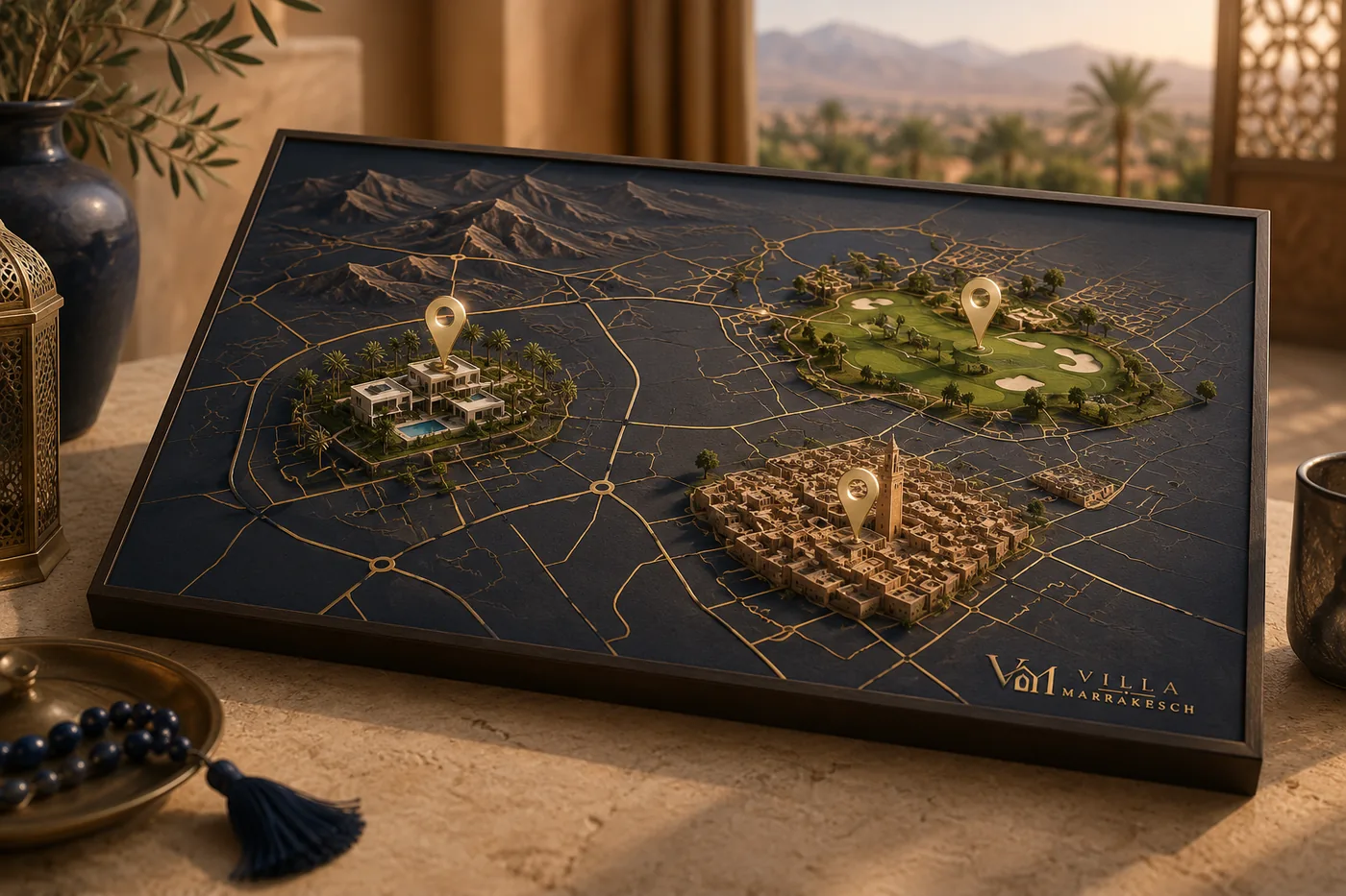 Lagekarte und Blick auf Marrakesch für den Vergleich von Villenlagen